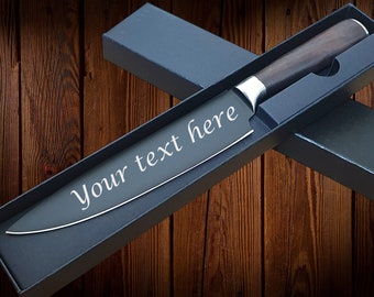 Personalised Professional Engraved kitchen Chef blade. 7 1/2 Inch Black Blade with Wooden Handle. In Black Engravable Presentation Box.