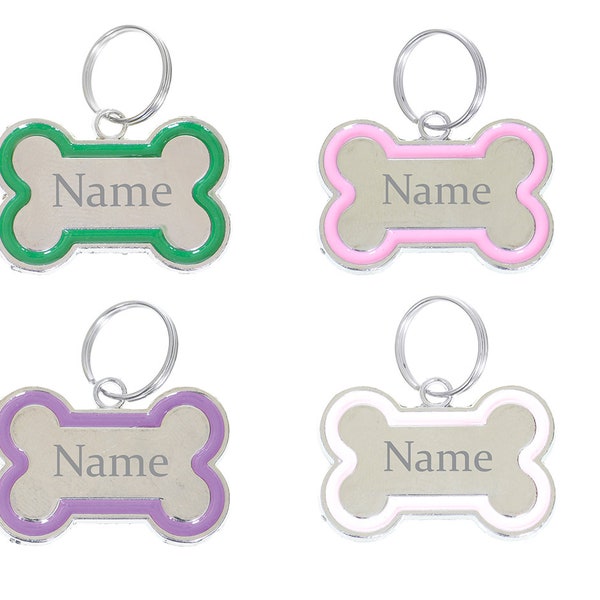 Personalised Engraved Metal Bone Shaped Dog Tags. Silver with Coloured Edge. Dog Puppy Pet ID Tags Name Collar Charms