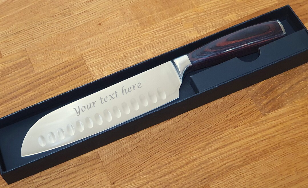 Personalised Engraved Japanese Santoku Kitchen Blade. 7 Inch Blade With Wooden Handle. Comes in