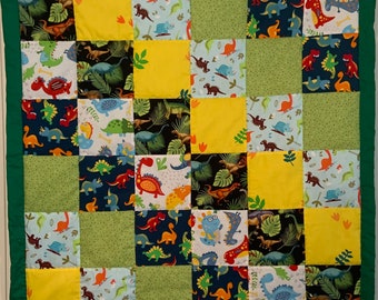 Handmade baby quilt, Tummy time quilt, dinosaurs