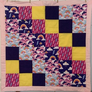Handmade baby quilt, Tummy time quilt, clouds, rainbow, lightning, stars
