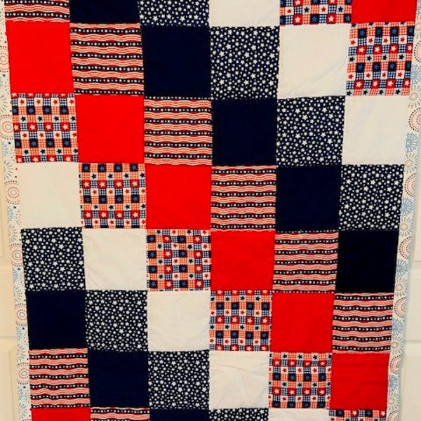 Homemade Lap Quilt, Fourth of July, Patriotic, Red, White, Blue