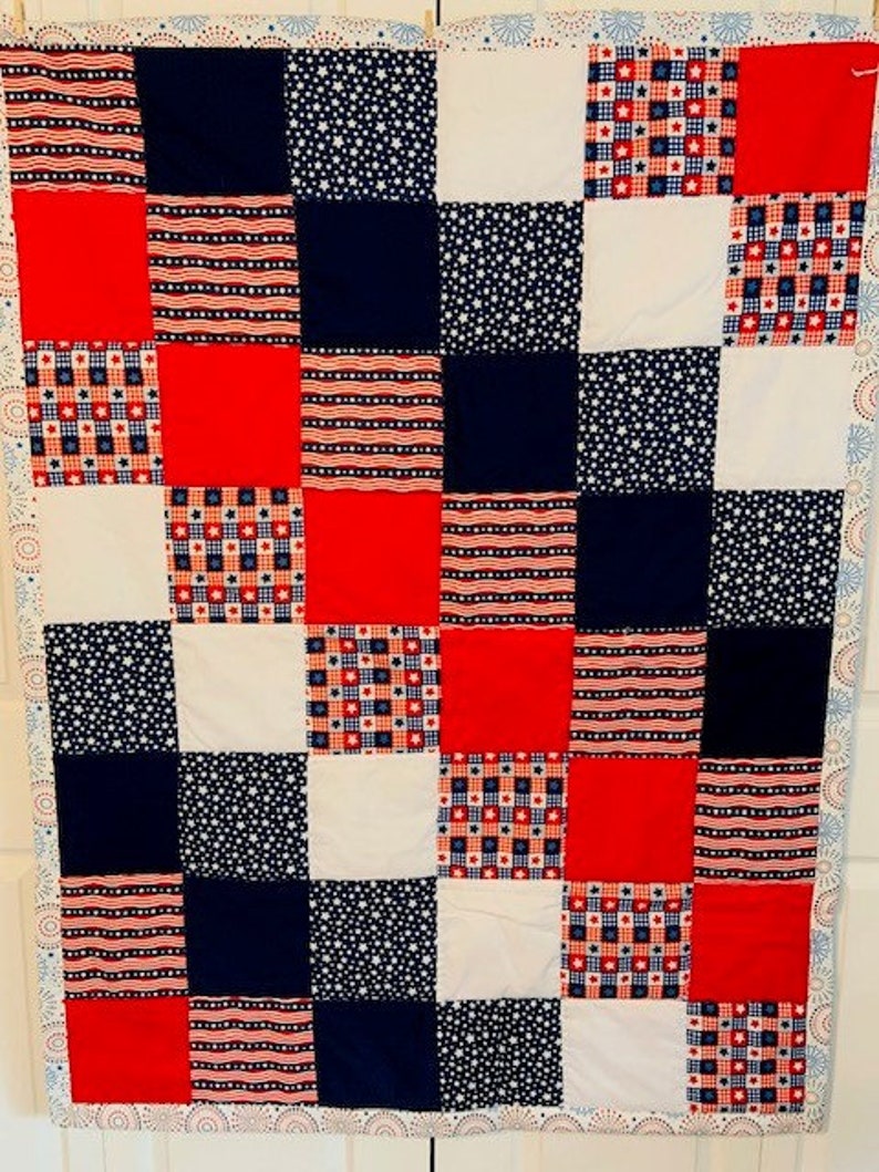 Homemade Lap Quilt, Fourth of July, Patriotic, Red, White, Blue image 1