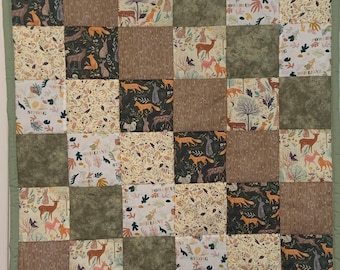 Handmade baby quilt, Tummy time quilt, Woodland, Deer, Fox, Rabbit