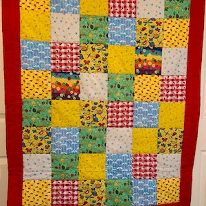 May include: A patchwork quilt with a red border. The quilt is composed of numerous squares in various patterns, including dragonflies, ladybugs, and floral designs, in yellow, blue, green, and white. The quilt is likely handmade.
