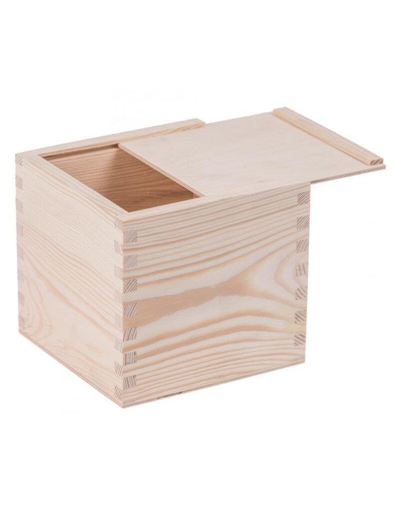 May include: A natural wood box with a hinged lid. The box is made of unfinished pine and has a simple, rectangular shape.