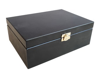 Schwarze Holzbox 40x30x13.5cm, Naturholz, Kiefernholz, Hochzeit, Geschenk, schwarze Holzschatulle mit Deckel und Verschluss Schmuck