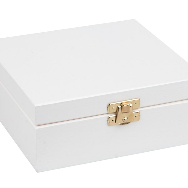 Weiße Holzbox 16x16x6cm, kleine Schmuckkiste aus Naturholz, Hochzeit Erstkommunion Geschenk, weiße Holzschatulle mit Deckel und Verschluss