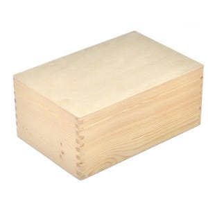 May include: A rectangular wooden box with a lid. The box is made of light-coloured wood and features visible wood grain. The corners are joined with dovetail joints, and the box is empty.