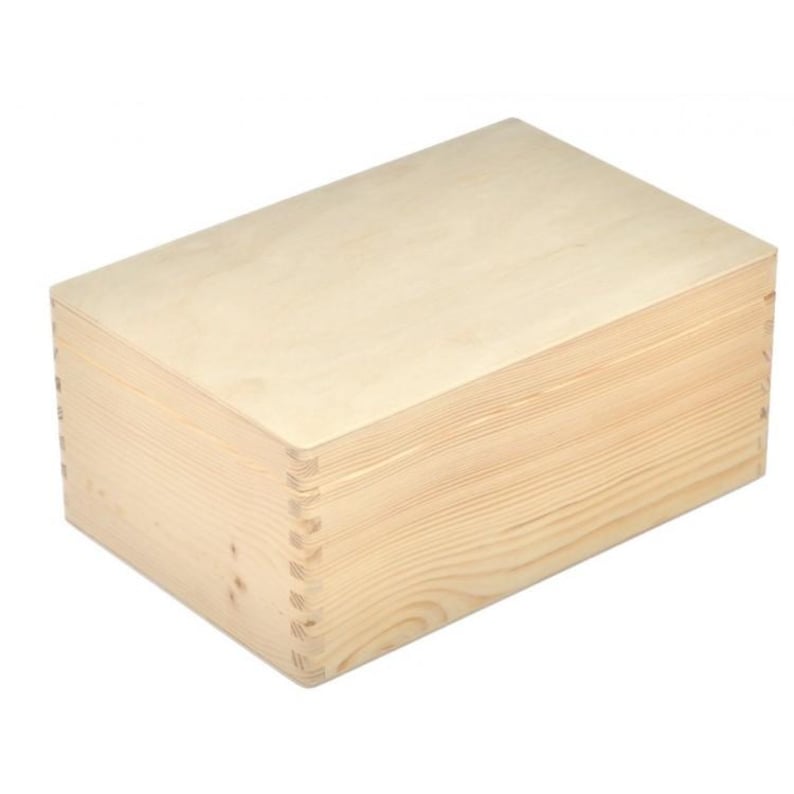 May include: A rectangular wooden box with a lid. The box is made of light-coloured wood and features visible wood grain. The corners are joined with dovetail joints, and the box is empty.
