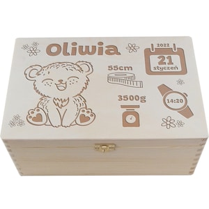 Gepersonaliseerde houten kist met naam, herinneringsdoos, schatkist voor geboorte, voor herinneringen met gewenste naam en geboortedata 40 x 30 cm