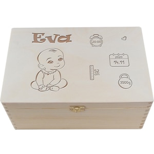 Gepersonaliseerde houten kist met de naam | Geboortegeschenk | Doopgeschenk | Gepersonaliseerde houten geheugendoos I Schatkist