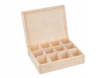 May include: A wooden box with a hinged lid and 12 compartments. The box is made of natural wood and has a light brown color.