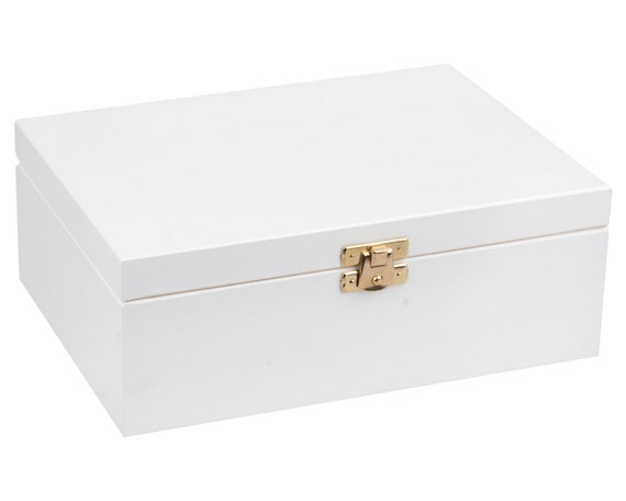 Weiße Holzbox 22x16x8cm, Naturholz, Kiefernholz, Hochzeit Erstkommunion Geschenk, weiße Holzschatulle mit Deckel und Verschluss, Schmuck-Box