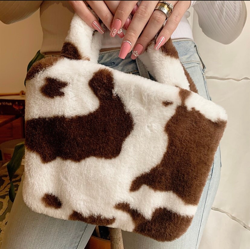 Brown Faux fur cow print bag brown Y2k cow bag brown | Etsy