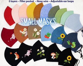 Small face mask, Premium mask with nose wire & filter pocket, Embroidered face mask, Fitted mask, high quality 3 layer linen cotton mask