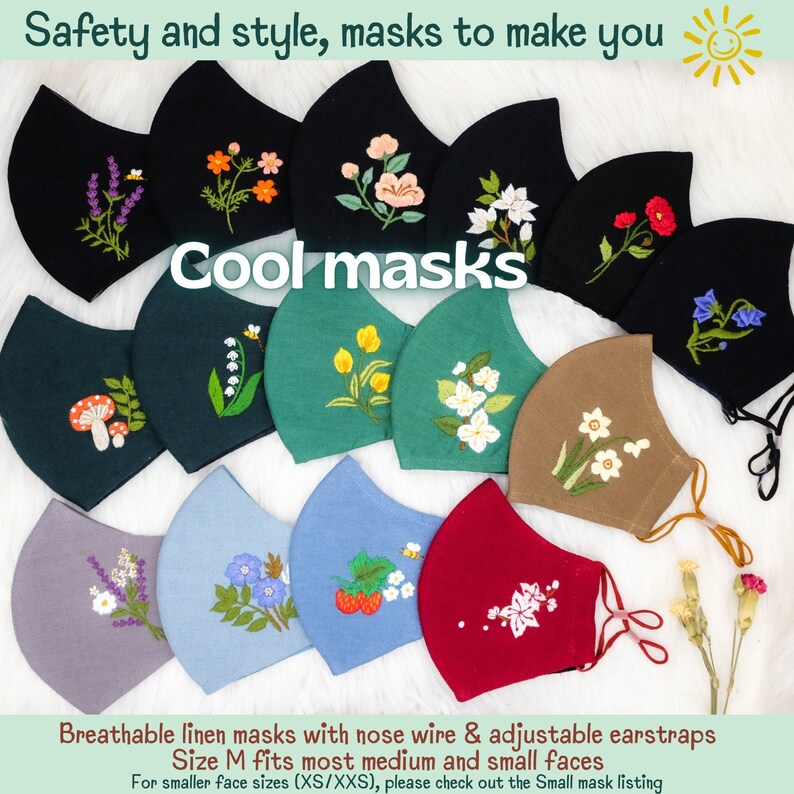 Cool face mask, Summer face mask, Embroidered Face Mask with filter pocket and nose wire, Breathable face mask for women/teens, Cute mask 