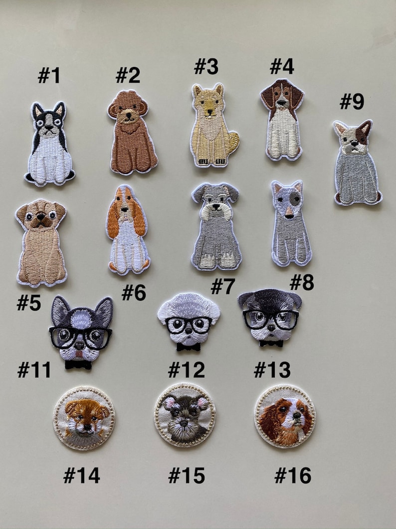 Puede incluir: Conjunto de 16 parches bordados para planchar con diferentes razas de perros. Los parches son de varios colores y estilos, incluyendo perros de estilo de dibujos animados que llevan gafas y pajaritas.