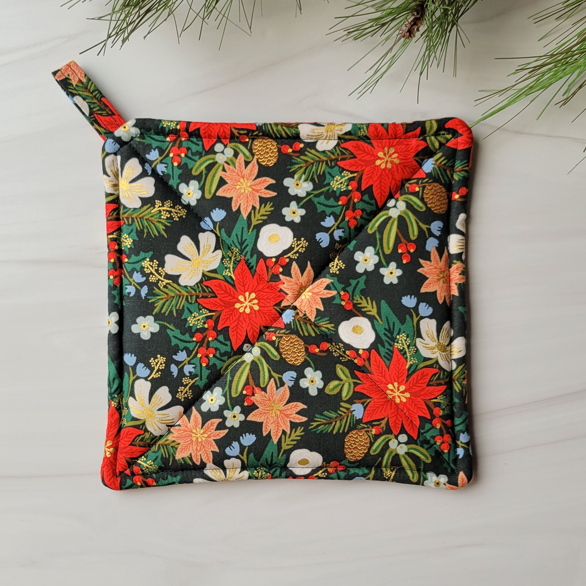 Handmade Rifle Paper Co Pot Holder, Rifle Paper Potholder, Poinsettia Pot Holder, Floral Pot Holder, Modern Christmas Decor for the Holidays Handmade Rifle Paper Co Pot Holder, Rifle Paper Potholder, Poinsettia Pot Holder, Floral Pot Holder, Modern Christmas Decor for the Holidays