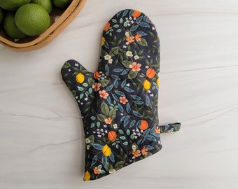 Handmade Rifle Paper Co Oven Mitt, Rifle Paper Citrus Grove Oven Mitt with Orange and Lemons, Navy Rifle Paper Mitt, Holiday Gift for Foodie