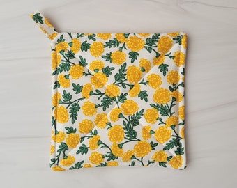 New! Rifle Paper Co Pot Holder, Rifle Paper Potholder, Handmade Yellow Dianthus Kitchen Decor, Floral Thick Potholder, House Warming Gift