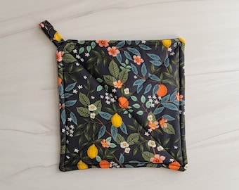 New! Rifle Paper Co Pot Holder, Handmade Lemon Hot Pad, Navy Farmhouse Kitchen Decor, Modern Floral Pot Holder, Citrus Grove Pot Holder