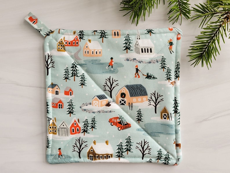 Handmade Rifle Paper Co Pot Holder, Rifle Paper Potholder, Christmas Village Pot Holder, Holiday Baking Gift, Festive Teacher Gift Under 15 image 1