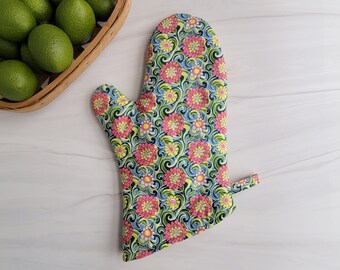 New! Handmade Liberty of London Oven Mitt, Liberty Oven Mitt with Pink Flowers, Retro Oven Mitt, Thick Oven Mitt, Modern Quilted Oven Mitt