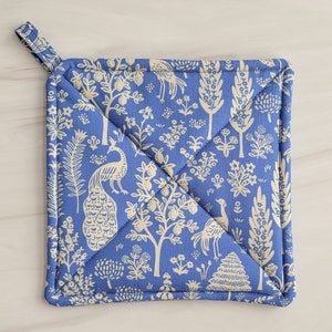 New! Rifle Paper Co Pot Holder, Rifle Paper Potholder, Handmade Menagerie Hot Pad, Blue Toile Pot Holder, French Kitchen Decor, Housewarming