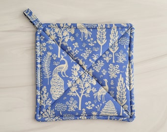 New! Rifle Paper Co Pot Holder, Rifle Paper Potholder, Handmade Menagerie Hot Pad, Blue Toile Pot Holder, French Kitchen Decor, Housewarming