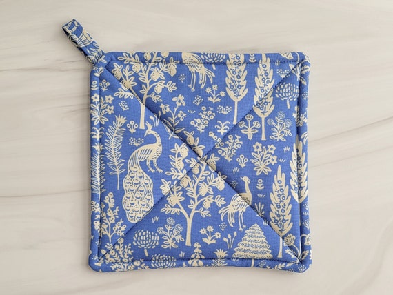 New! Rifle Paper Co Pot Holder, Rifle Paper Potholder, Handmade Menagerie Hot Pad, Blue Toile Pot Holder, French Kitchen Decor, Housewarming