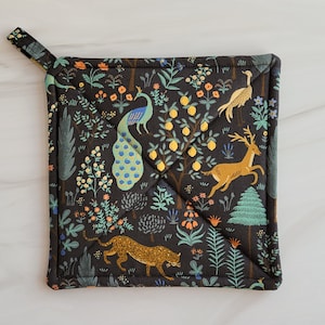 New! Rifle Paper Co Pot Holder, Rifle Paper Potholder, Handmade Menagerie Hot Pad, Modern Farmhouse Pot Holder with Jaguar and Peacocks