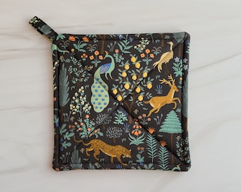 New! Rifle Paper Co Pot Holder, Rifle Paper Potholder, Handmade Menagerie Hot Pad, Modern Farmhouse Pot Holder with Jaguar and Peacocks