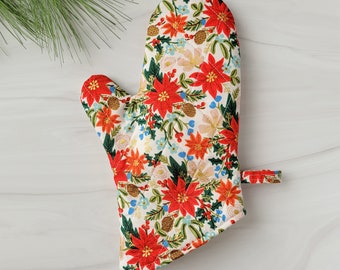 Handmade Rifle Paper Co Oven Mitt, Festive Floral Oven Mitt, Cream Rifle Paper Christmas Mitt, Poinsettia Kitchen Decor, Thick Oven Mitt