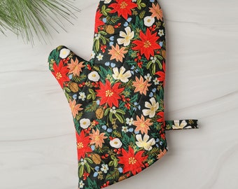 Handmade Rifle Paper Co Oven Mitt, Festive Floral Oven Mitt, Cream Rifle Paper Christmas Mitt, Poinsettia Kitchen Decor, Thick Oven Mitt