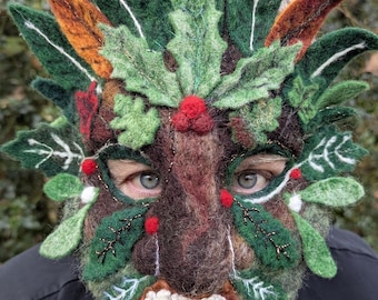 Máscara del Hombre Verde de fieltro agujado – El Rey de Yule, decoración del solsticio de invierno