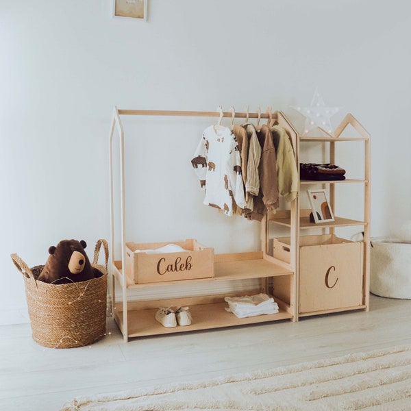 Toddler Clothing Rack, Wooden Wardrobe for Kids, Montessori Furniture, Personalized Storage