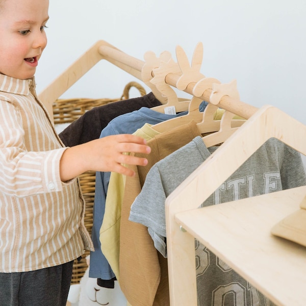 Montessori Toddler Clothing Rack, Personalized Birthday Gift, Wooden Wardrobe for Kids