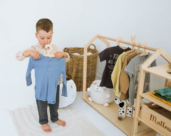 Peuterkledingrek voor kinderdagverblijf, Montessori-garderobe, babymeisjejongen speelkamerdecor, kinderkledingrek