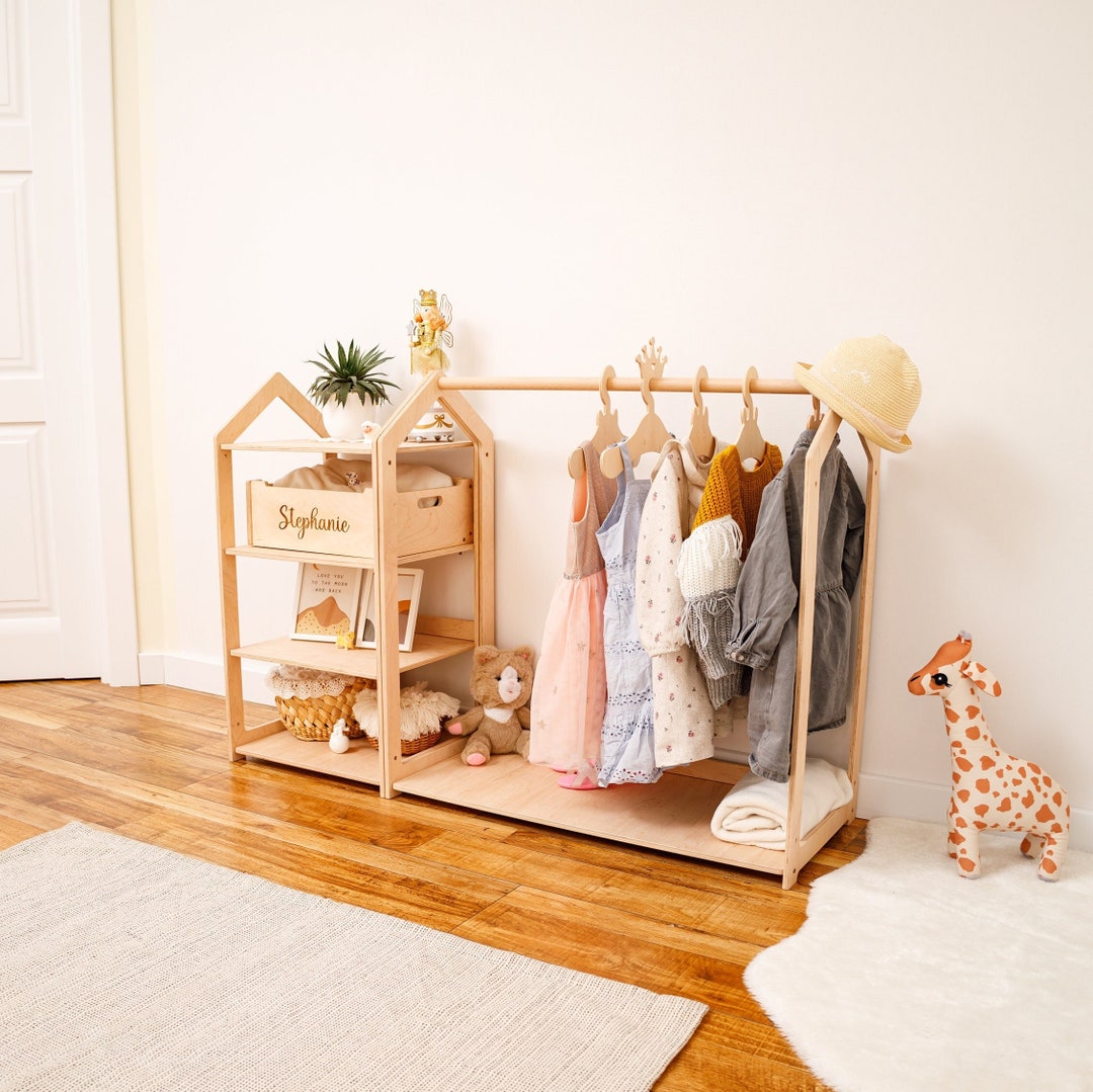 Children Wardrobe, Montessori Clothing Rack With Hangers for Kids