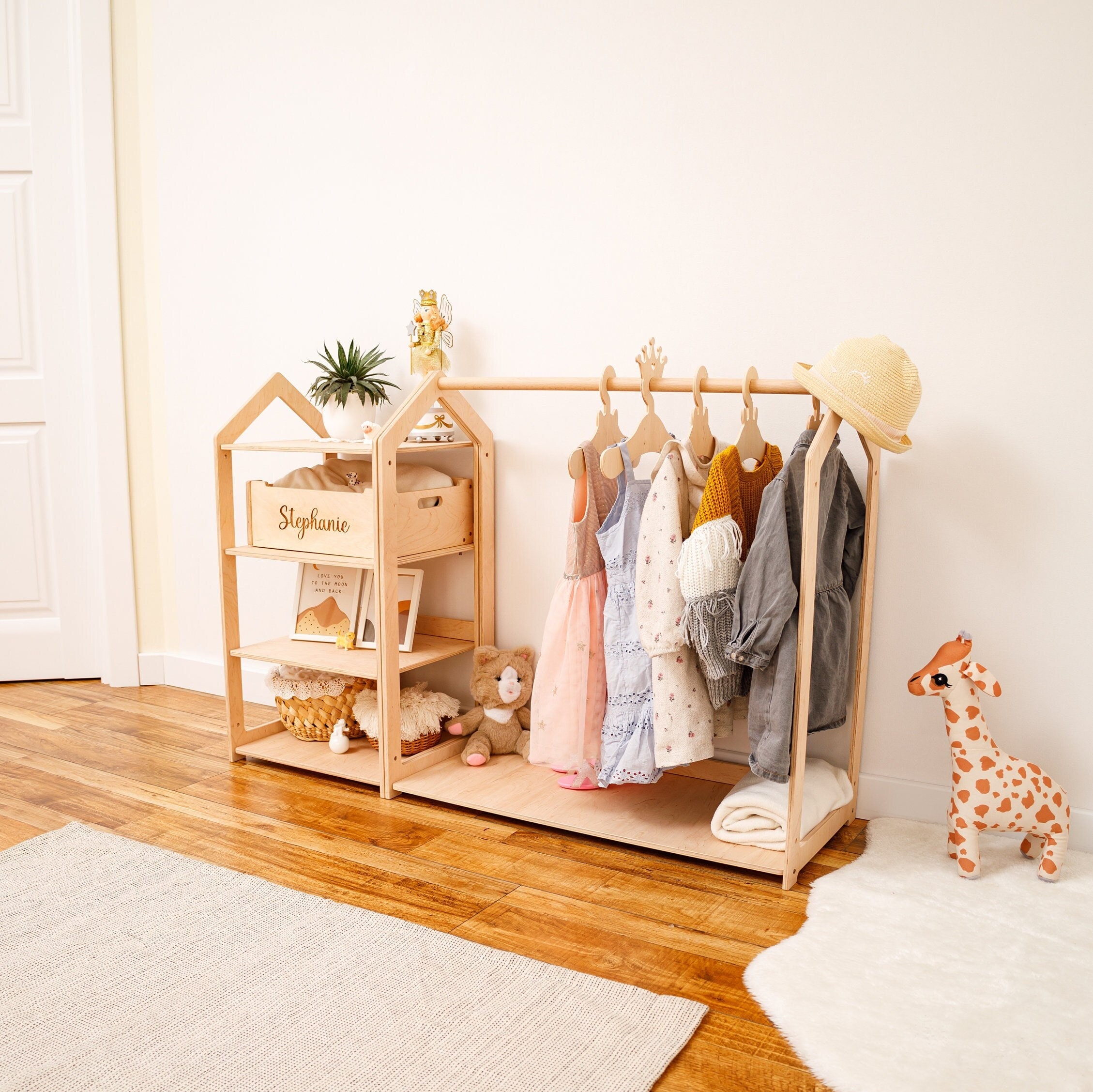 Montessori Clothing Rack With Shelf Personalized Kids -   Kids  clothing rack, Wooden clothes rack, Kids playroom furniture