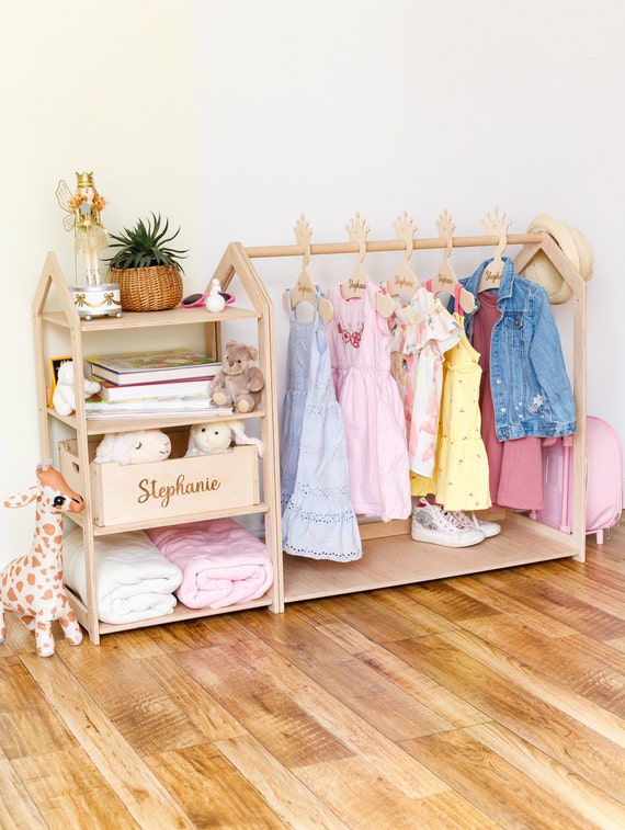 Montessori Clothing Rack With Shelf Personalized Kids -   Kids  clothing rack, Wooden clothes rack, Kids playroom furniture