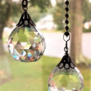 Faceted Crystal Ball Ceiling Fan and Light Pulls Gold Cap & Chain