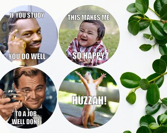 May include: Four circular meme images with white backgrounds and black text. The first image shows a man with a finger on his temple and the text "If you study you do well". The second image shows a baby laughing and the text "This makes me so happy". The third image shows Leonardo DiCaprio smiling and holding a glass of champagne with the text "To a job well done". The fourth image shows a squirrel with its arms raised and the text "Huzzah!"