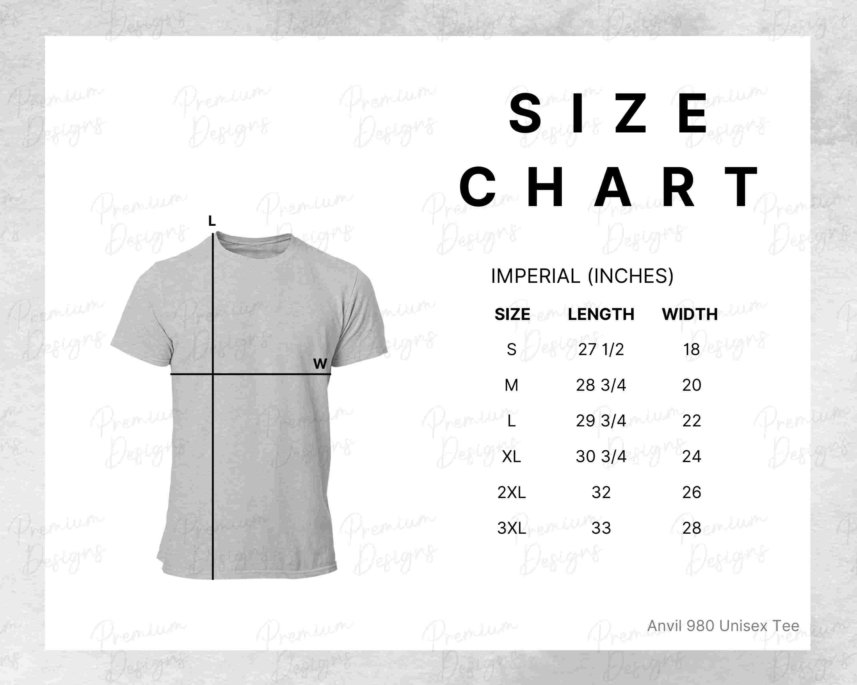 Anvil Size Chart 980 Unisex T-shirt Downloadable Modern | Etsy