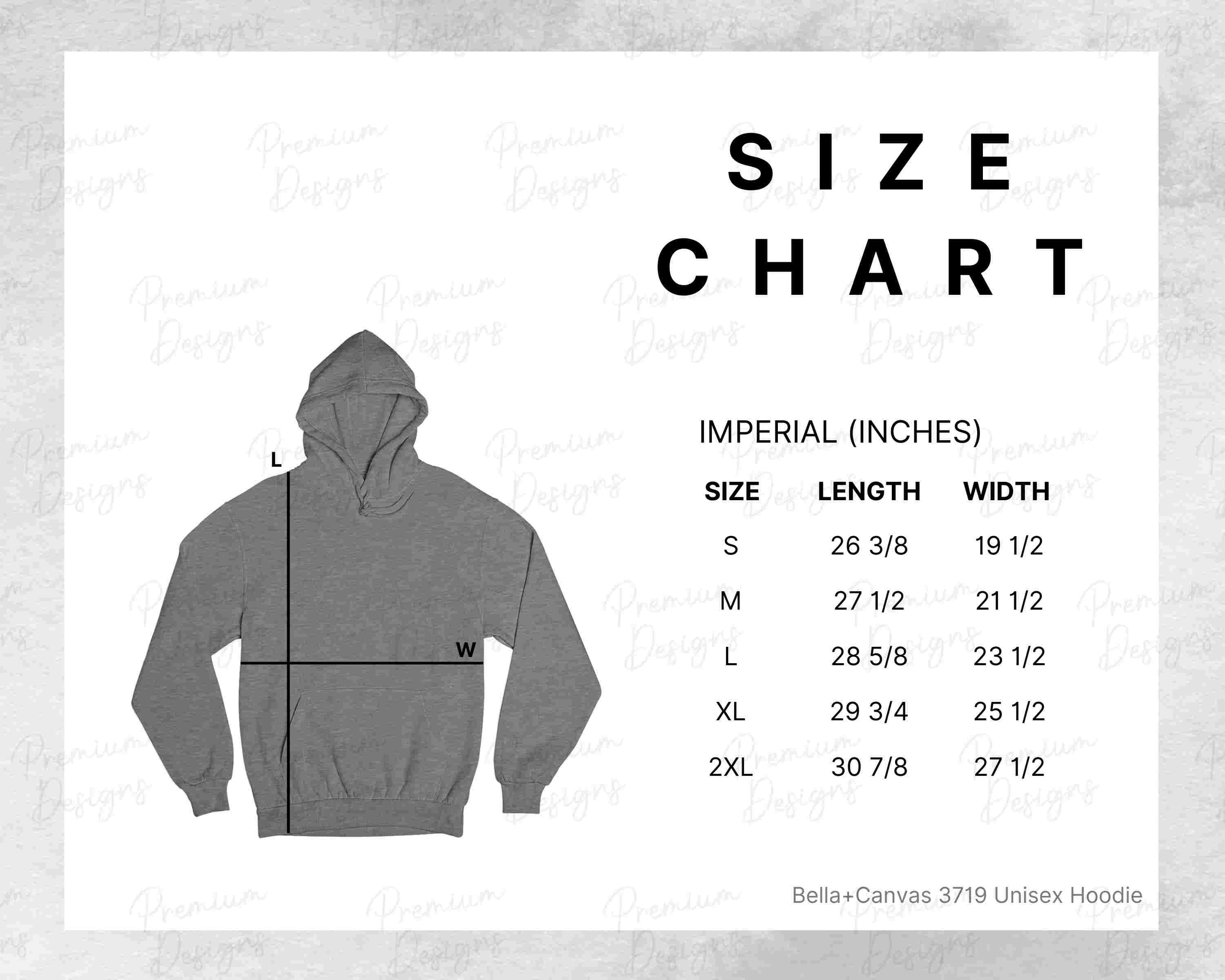 Bella Canvas Size Chart 3719 Unisex Pullover Hoodie | Etsy
