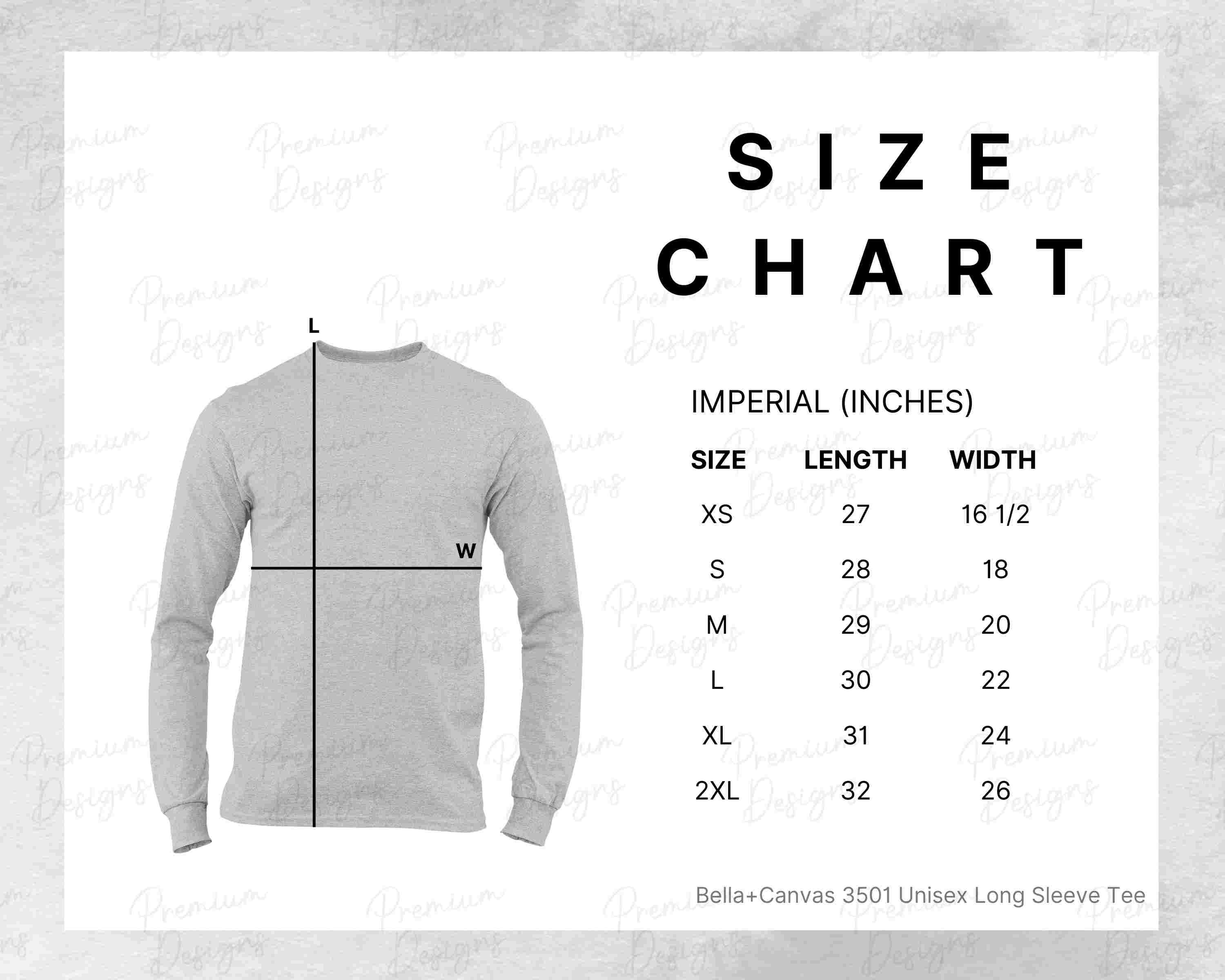 Bella Canvas Size Chart 3501 Unisex Long Sleeve Tee | Etsy