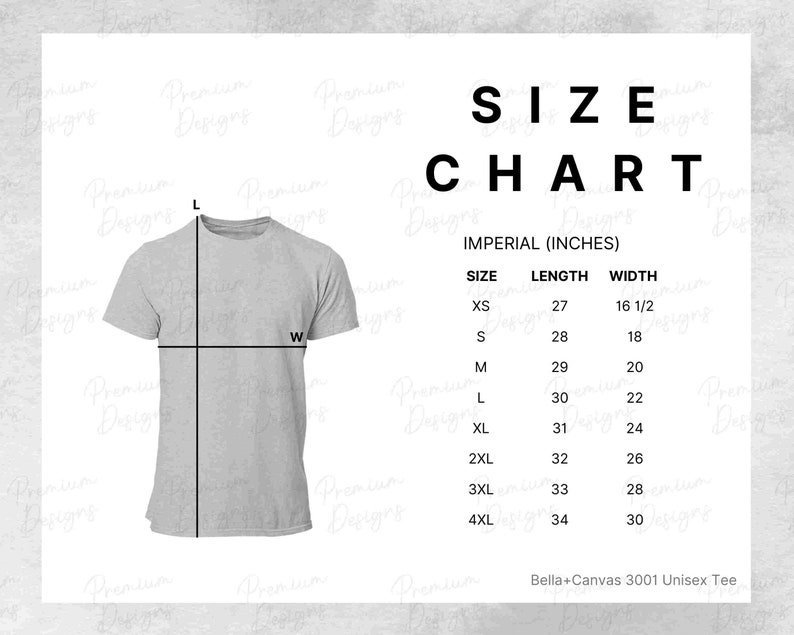 Bella Canvas Size Chart 3001 Unisex Tee Downloadable | Etsy