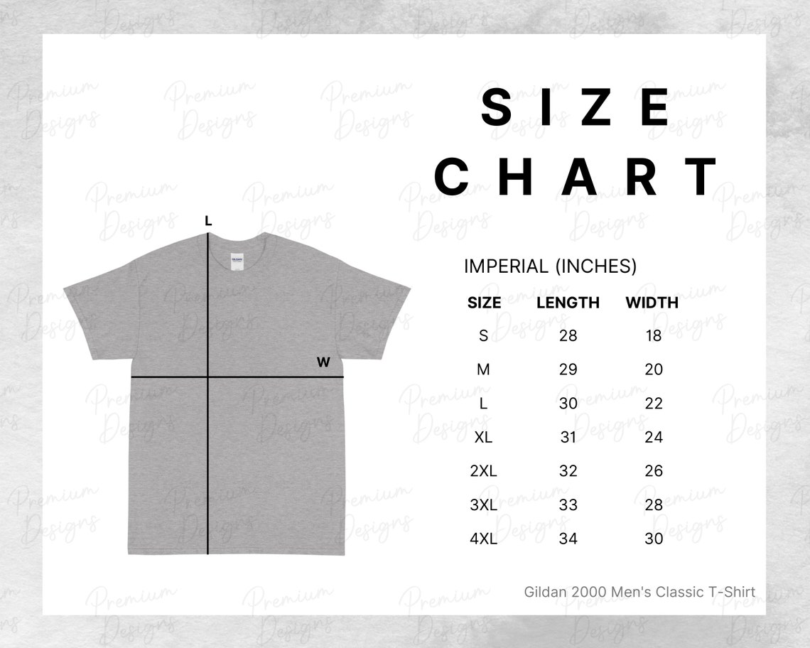 Gildan Size Chart 2000 Men's Classic T-shirt - Etsy