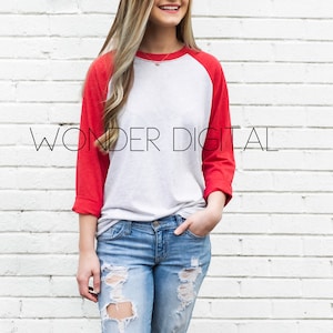 Vintage red/ Heather White 6051 Raglan Mockup T-shirt Flat Lay Mockup Boutique Flat Lay Wonder Digital